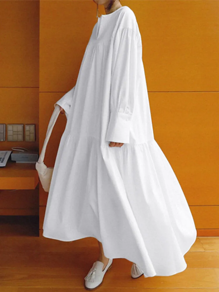Long Sleeve V-neck Solid Color Loose Pleated Casual Shirt Dress