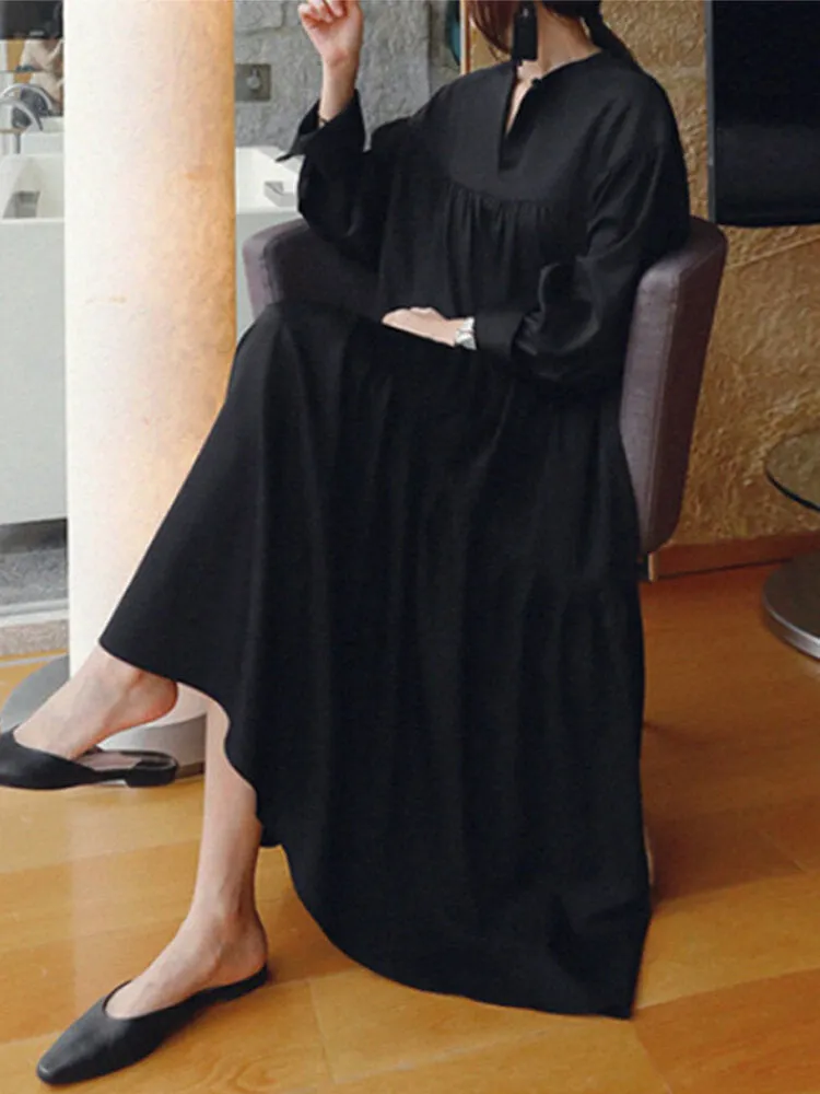Long Sleeve V-neck Solid Color Loose Pleated Casual Shirt Dress