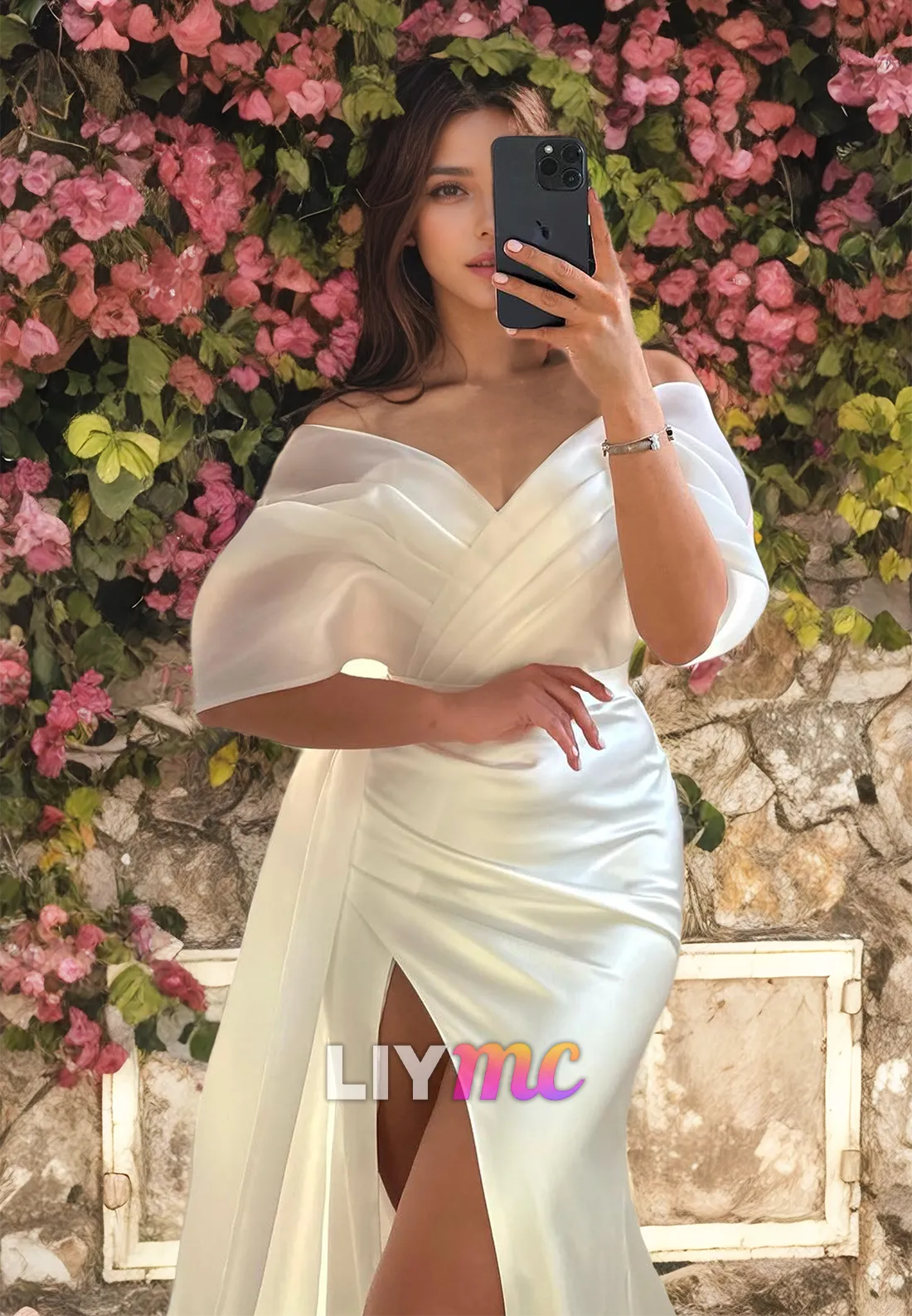 LW439 - V-Neck Sleeves Strapless Pleated Ruched Sleek Satin High Slit Beach Wedding Dress