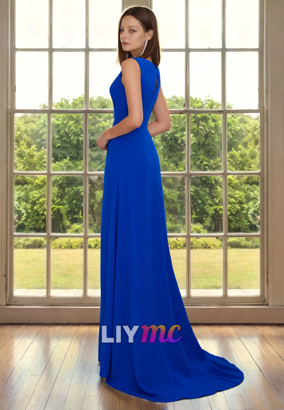 M1273 - V-Neck Sleeveless Pleated High Slit Mother of Bride Dress Cocktail Dress