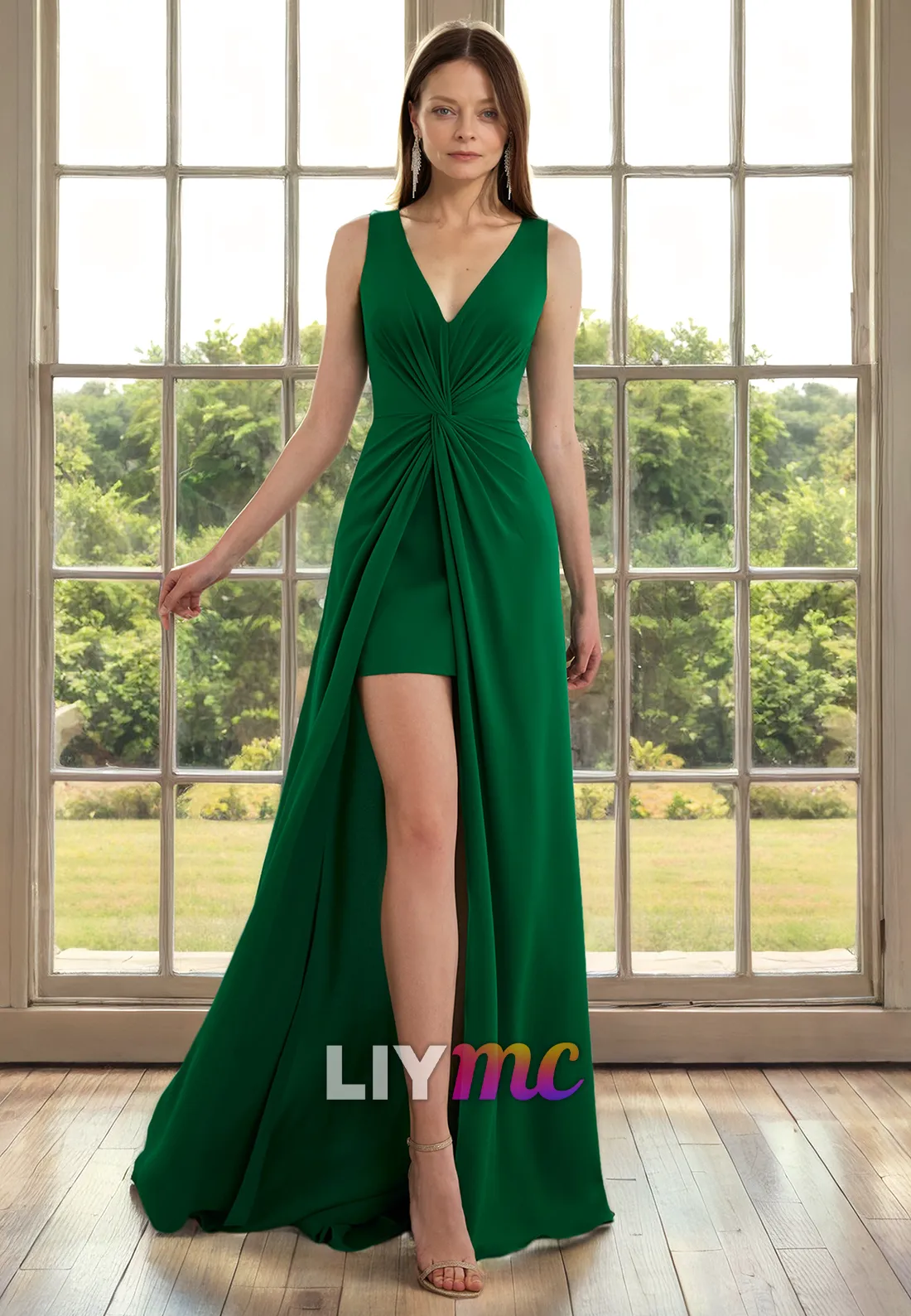 M1273 - V-Neck Sleeveless Pleated High Slit Mother of Bride Dress Cocktail Dress