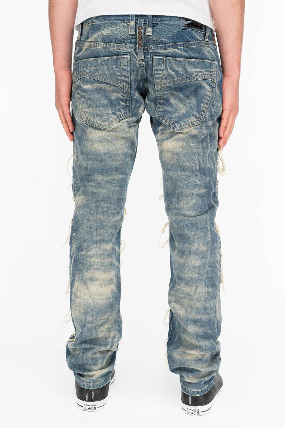 MARLON SLIM DESTROY WASHED DENIM JEANS IN BOSTON BLUE WITH STUDS AND CRYSTALS