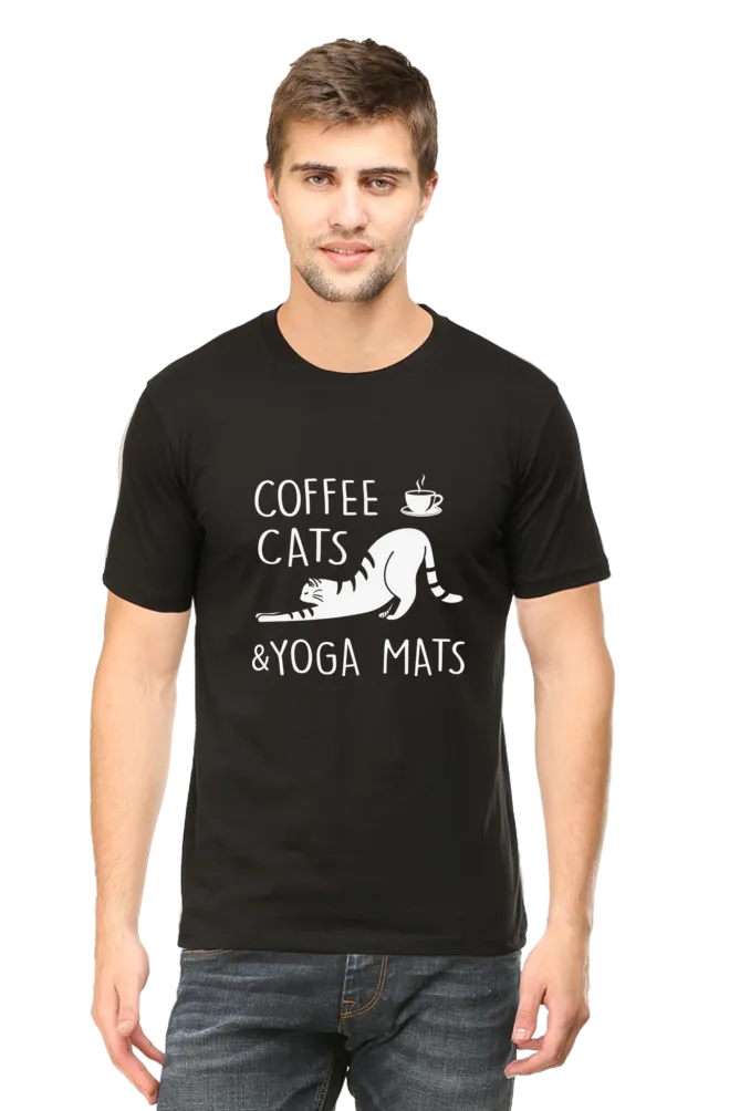 Men Half Sleeves Classic T-Shirt - Coffee Cats Yoga Mats