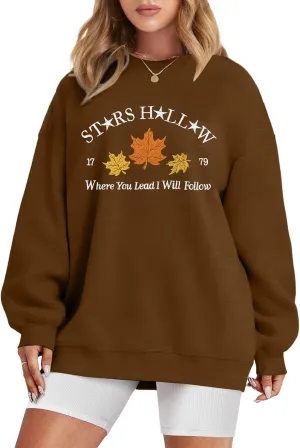MYHALF Crewneck Sweatshirt for Women Fall Leaf Graphic Sweatshirts Vacation Long Sleeve Drop Shoulder Pullover