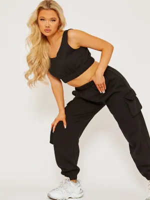 Nabeel Fleeced Crop Top & Cargo Jogger Co-ord In Black