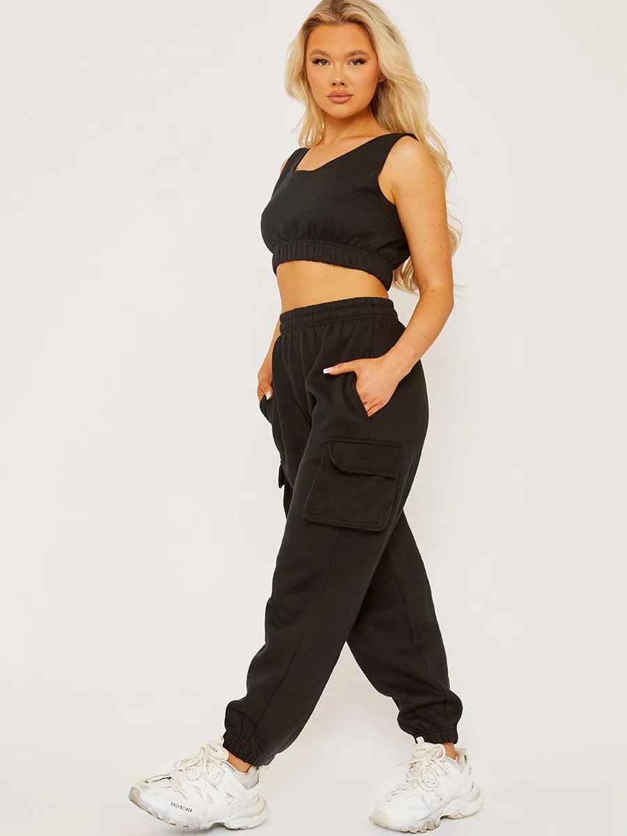 Nabeel Fleeced Crop Top & Cargo Jogger Co-ord In Black