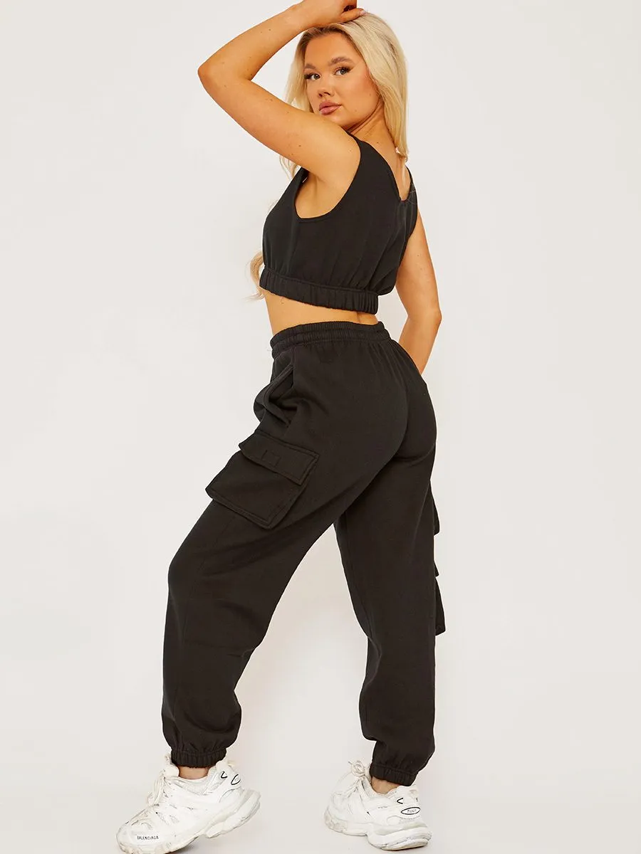 Nabeel Fleeced Crop Top & Cargo Jogger Co-ord In Black