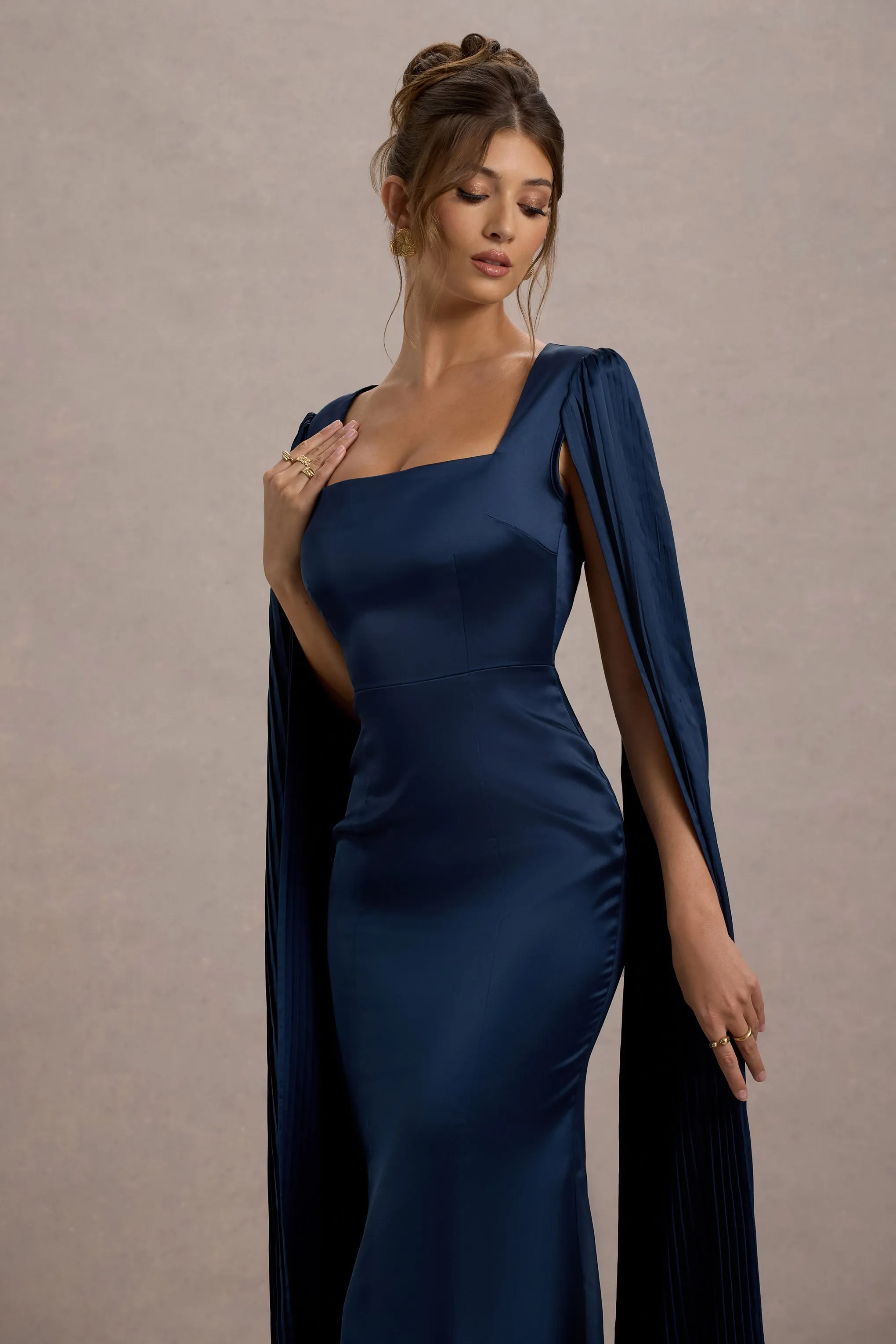 Nalda | Navy Square-Neck Midi Dress With Cape Sleeves