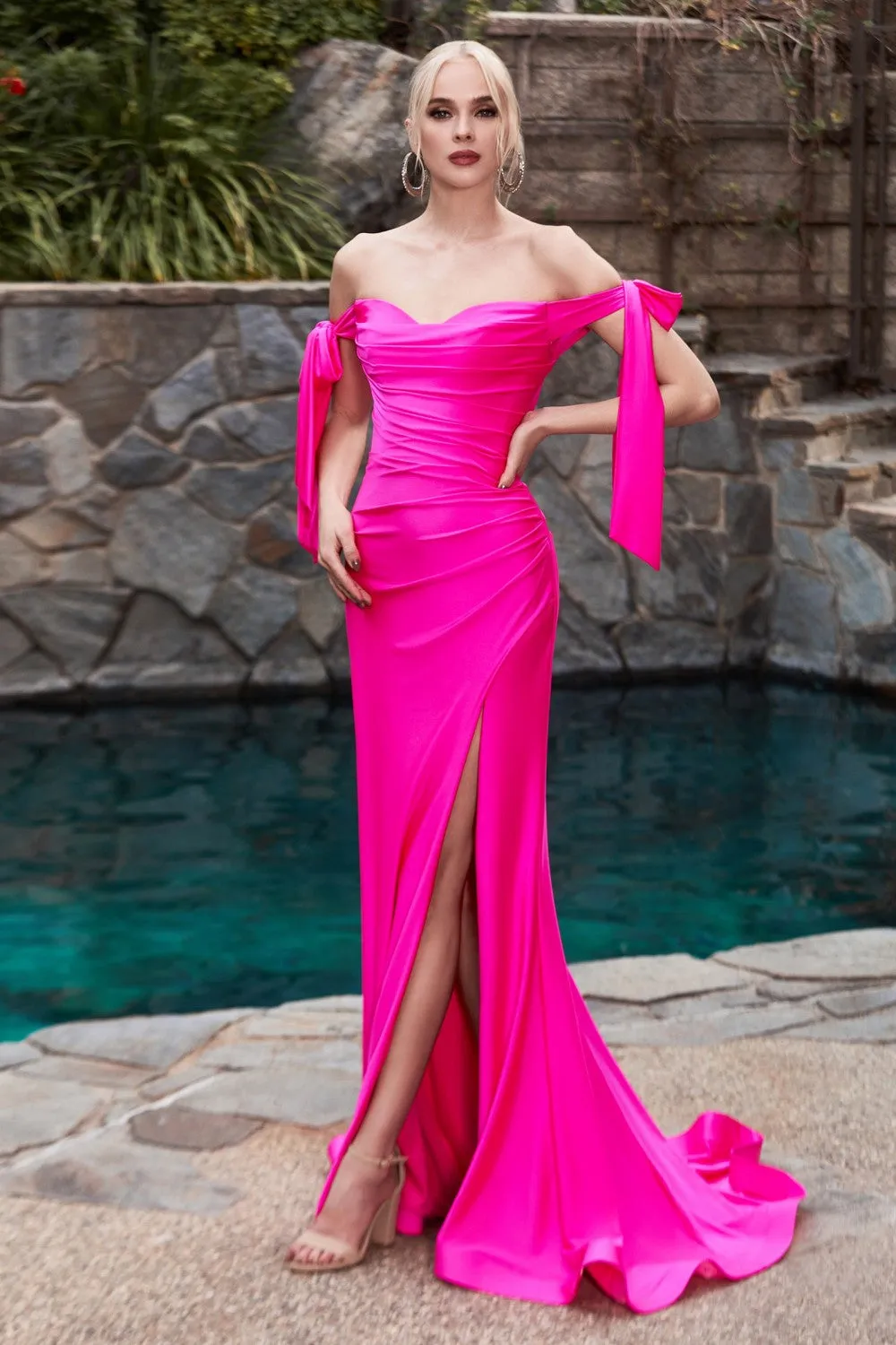 Off- or on-shoulder bodice prom & bridesmaid dress with leg slit in stretch luxe jersey