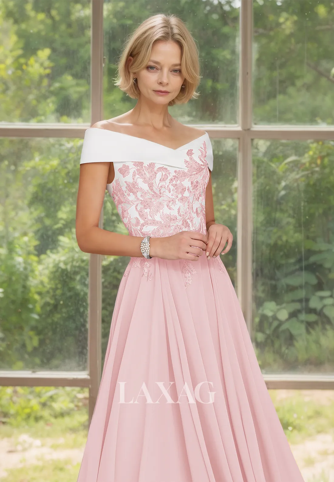 Off-Shoulder V-Neck Sleeveless Pleated Applique Two Tone Midi A-Line Mother of the Bride Dress