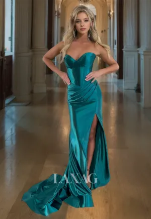 Pleated Satin Evening Prom Dress High Slit Sheath&Column Strapless Sweetheart Party Gown