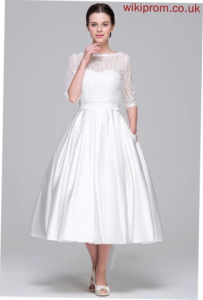 Pockets Geraldine Wedding Dresses Sweetheart Ball-Gown/Princess Wedding Dress With Satin Tea-Length