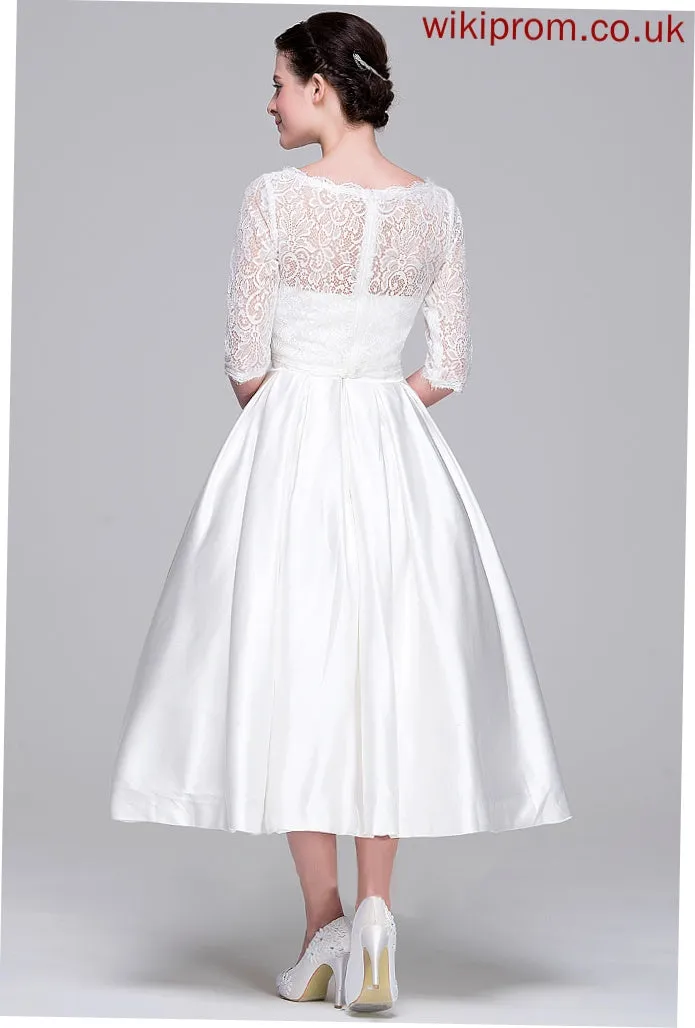 Pockets Geraldine Wedding Dresses Sweetheart Ball-Gown/Princess Wedding Dress With Satin Tea-Length