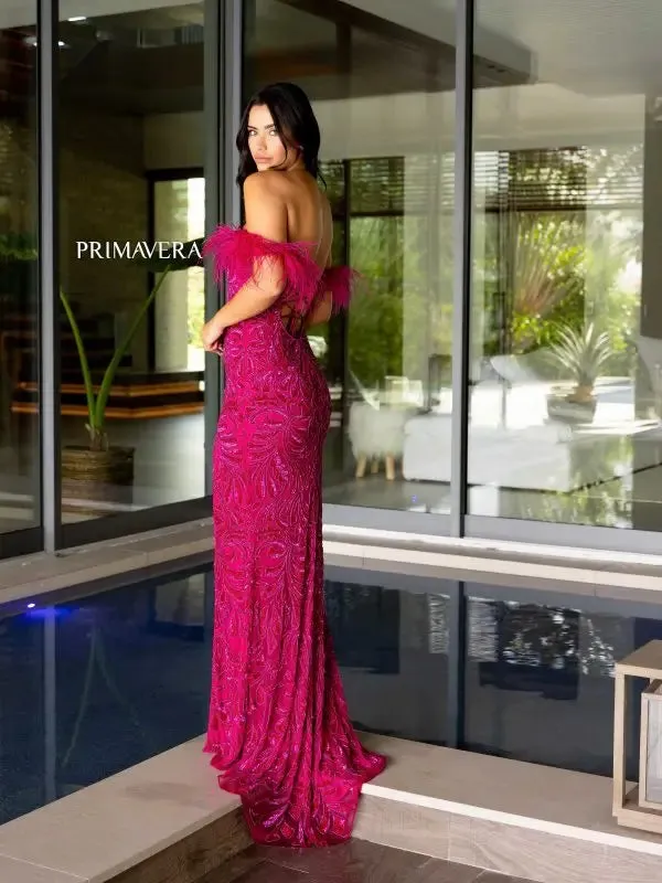 Primavera Couture 4105 Long Prom Dress Corset Off Shoulder Feather Sequin Beaded Fitted High Slit Formal Pageant Gown
