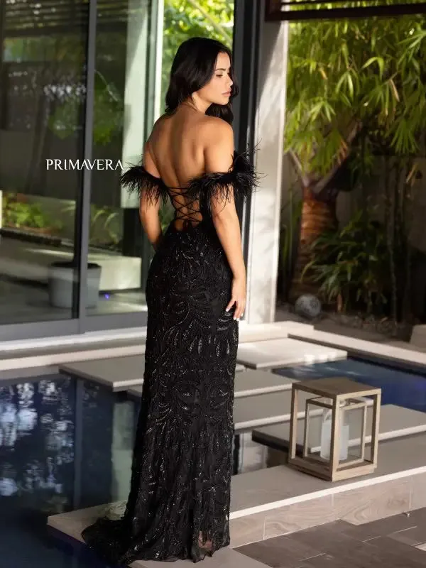 Primavera Couture 4105 Long Prom Dress Corset Off Shoulder Feather Sequin Beaded Fitted High Slit Formal Pageant Gown