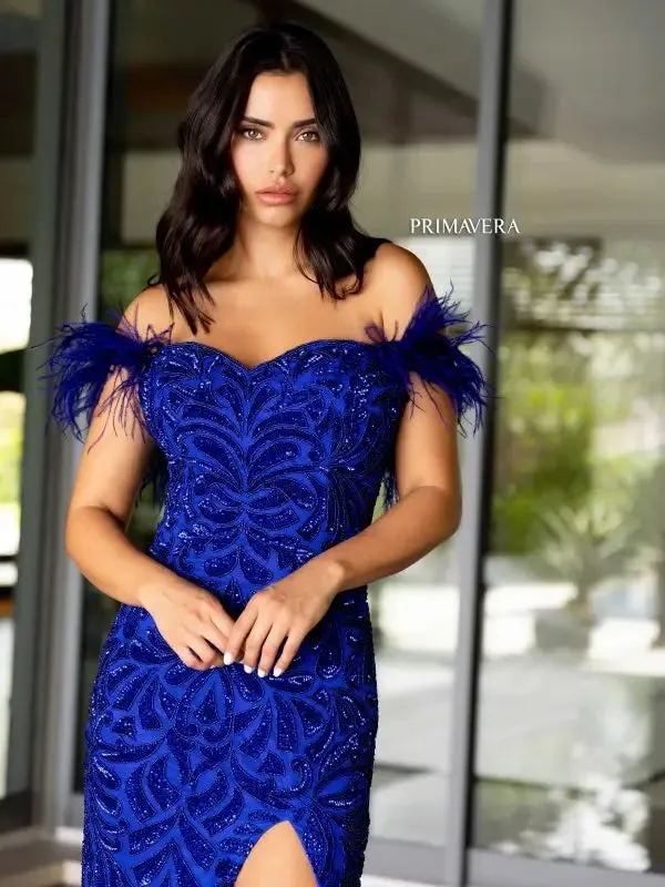 Primavera Couture 4105 Long Prom Dress Corset Off Shoulder Feather Sequin Beaded Fitted High Slit Formal Pageant Gown