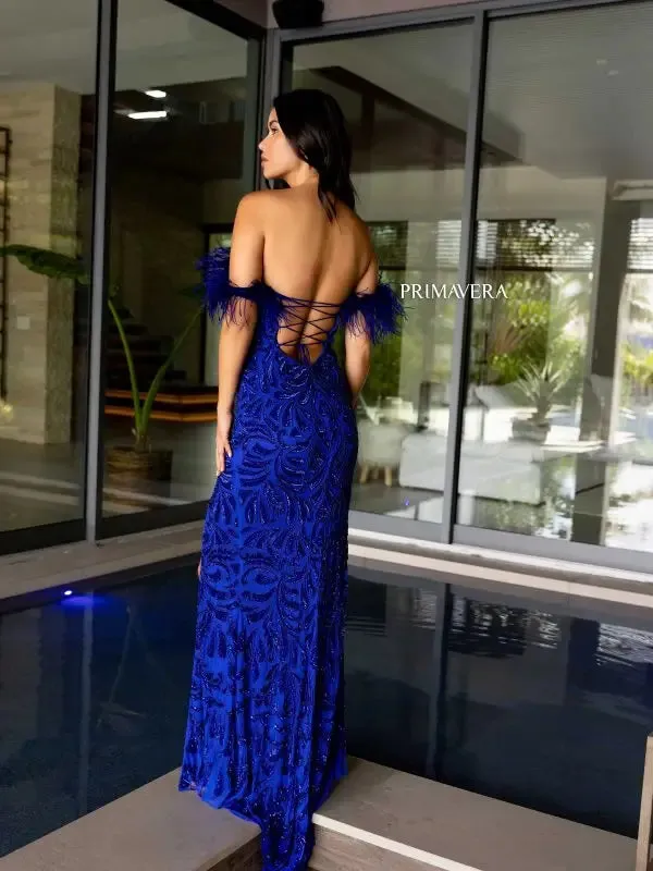 Primavera Couture 4105 Long Prom Dress Corset Off Shoulder Feather Sequin Beaded Fitted High Slit Formal Pageant Gown