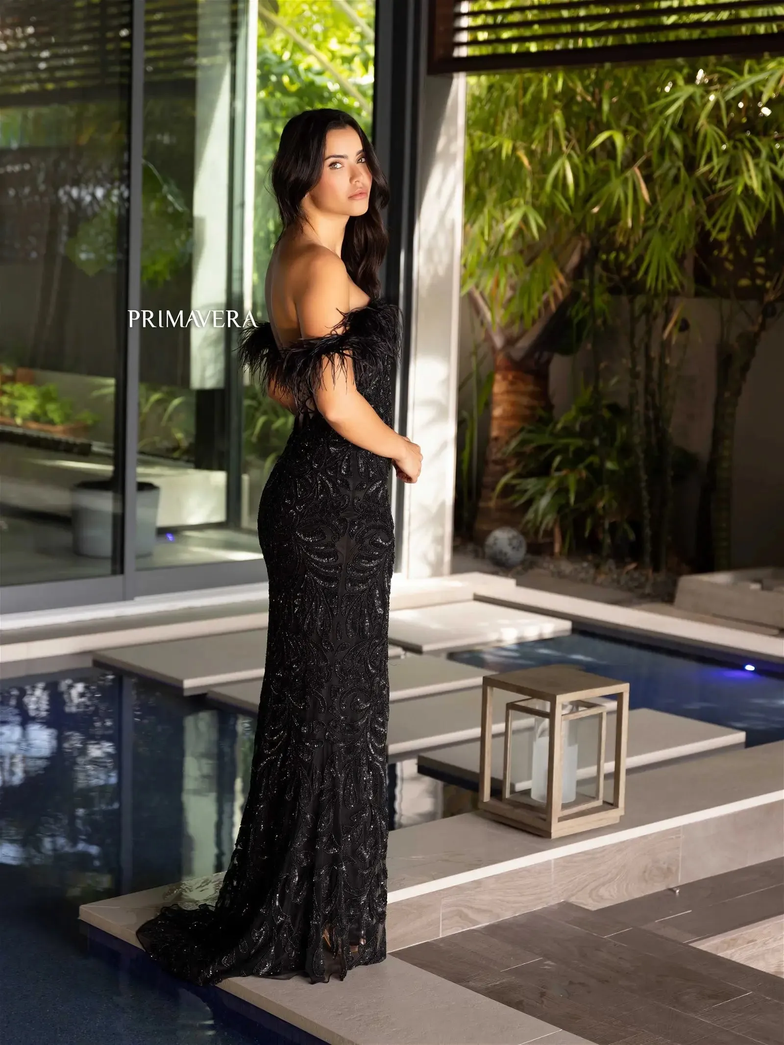 Primavera Couture 4105 Long Prom Dress Corset Off Shoulder Feather Sequin Beaded Fitted High Slit Formal Pageant Gown