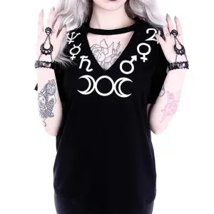 Restyle - SYMBOLS - V-Neck with Choker Women's Short Sleeve Black T-Shirt