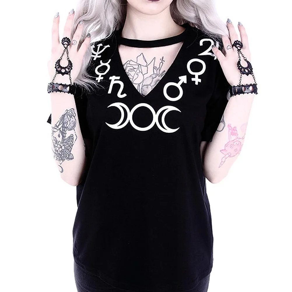 Restyle - SYMBOLS - V-Neck with Choker Women's Short Sleeve Black T-Shirt