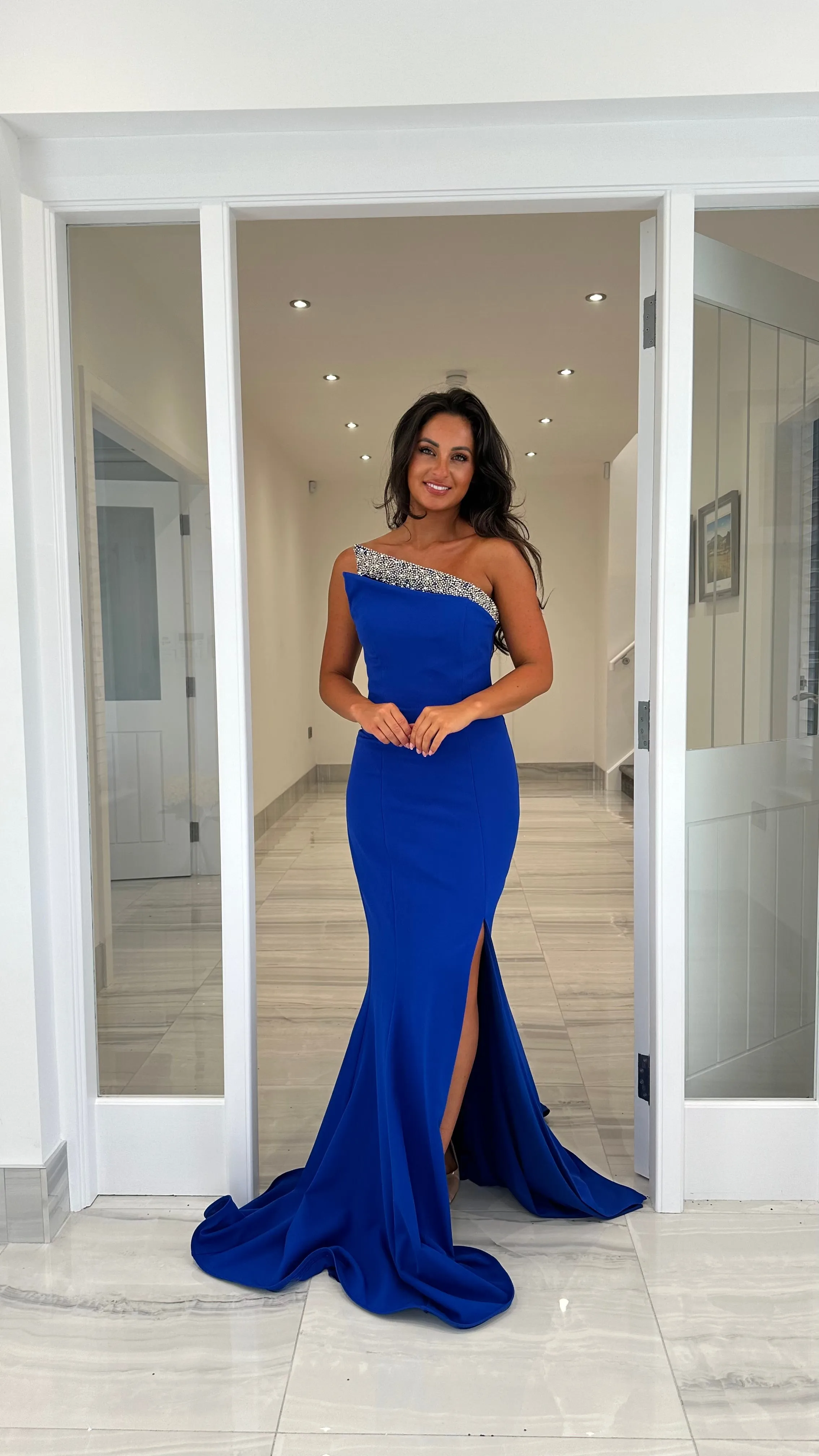 Royal Blue One Shoulder With Silver Embellished Detailed Full Length Gown
