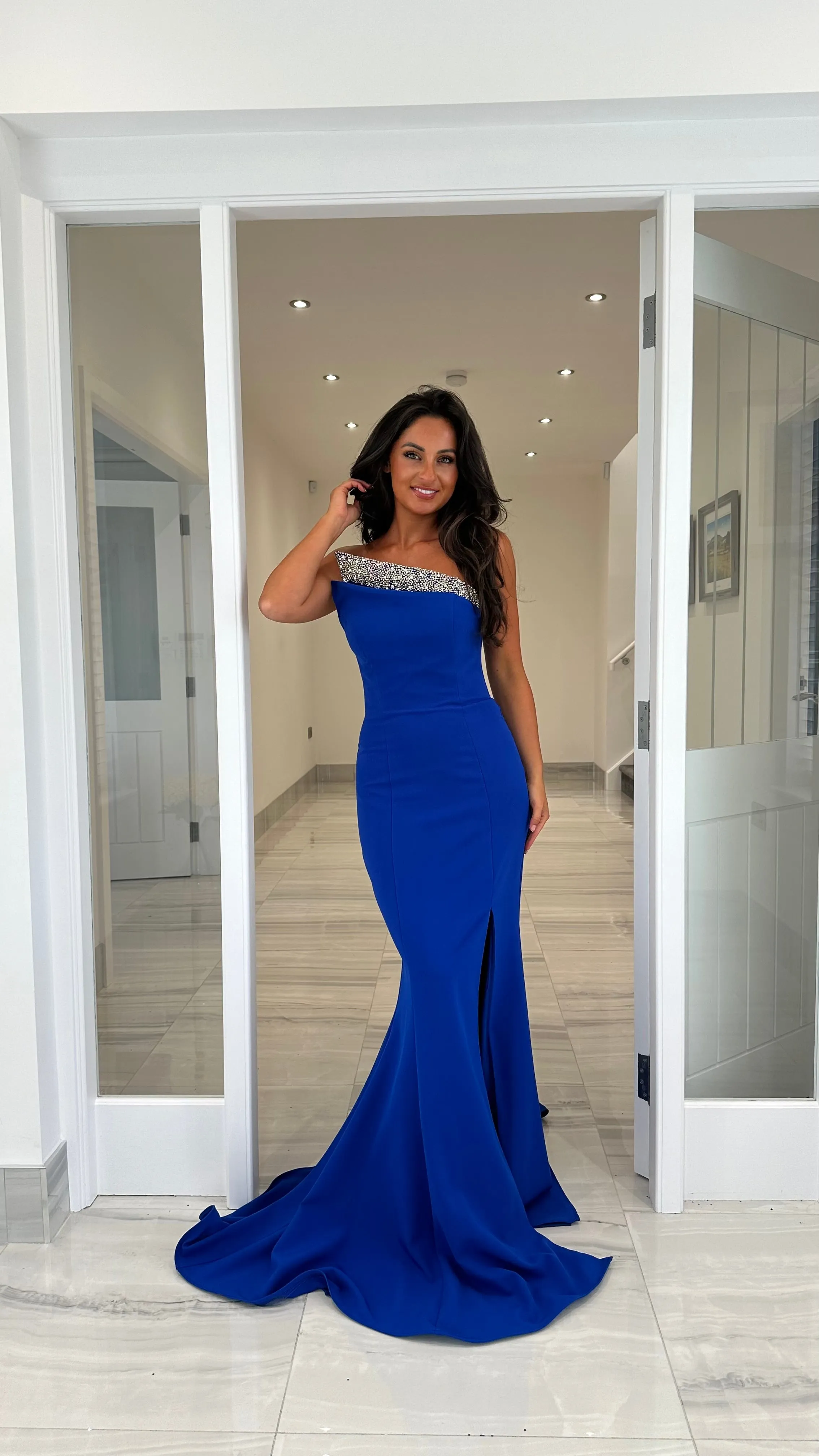 Royal Blue One Shoulder With Silver Embellished Detailed Full Length Gown