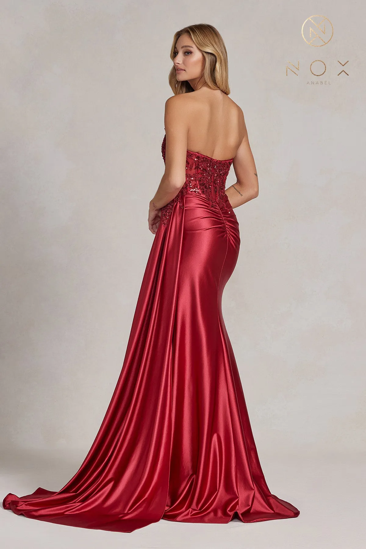 Satin Skirt Side Slit Embroidered Bodice Strapless Long Evening Dress NXE1174