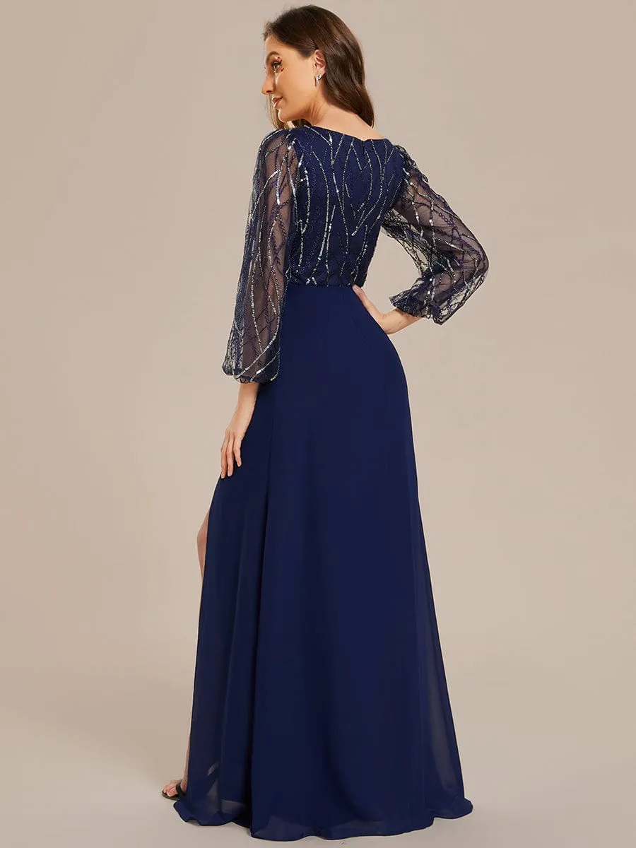 Sequin Long Sleeves A-Line V-Neck Floor-Length Evening Dress