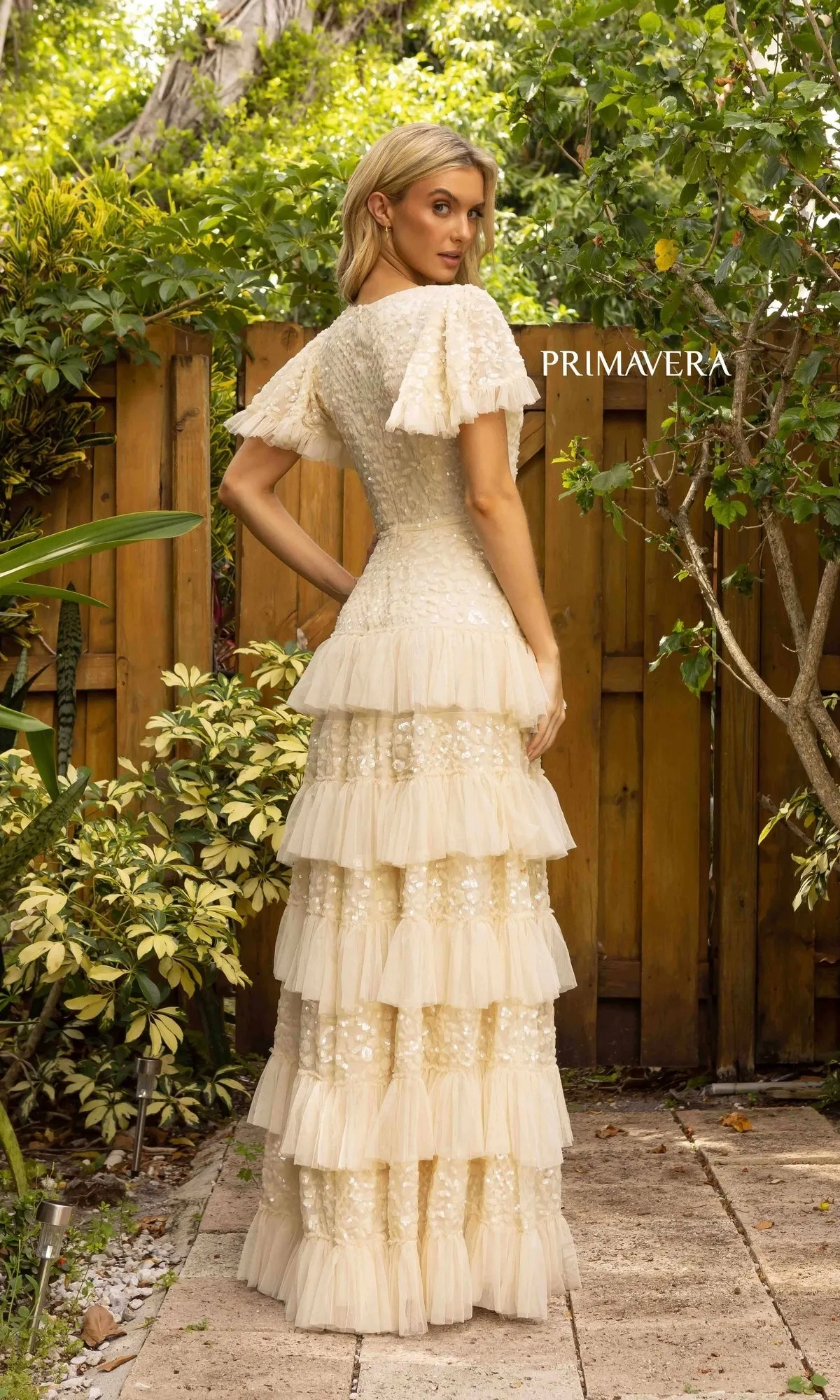 Short Sleeve Long Tiered Evening Gown 12017