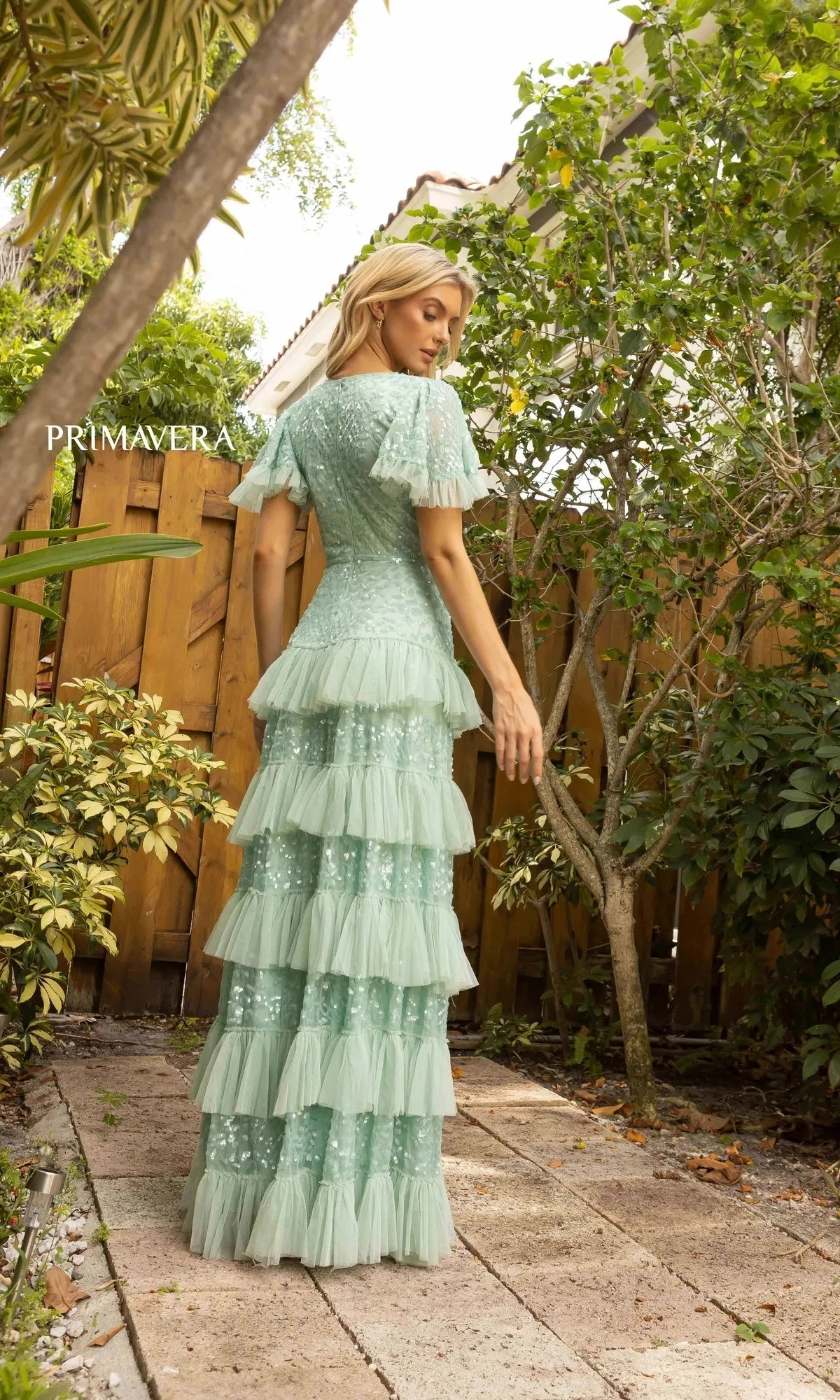Short Sleeve Long Tiered Evening Gown 12017