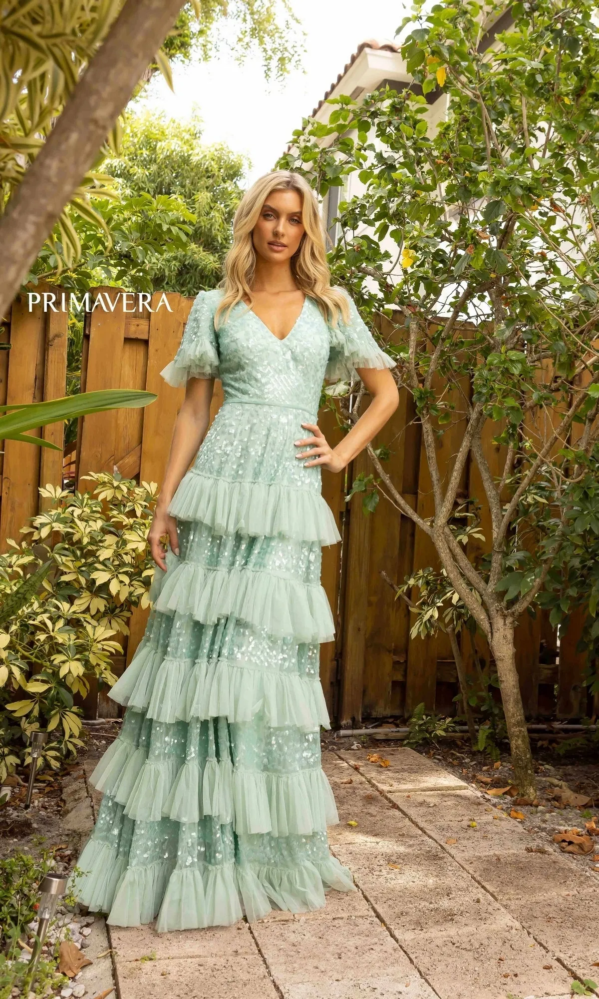 Short Sleeve Long Tiered Evening Gown 12017