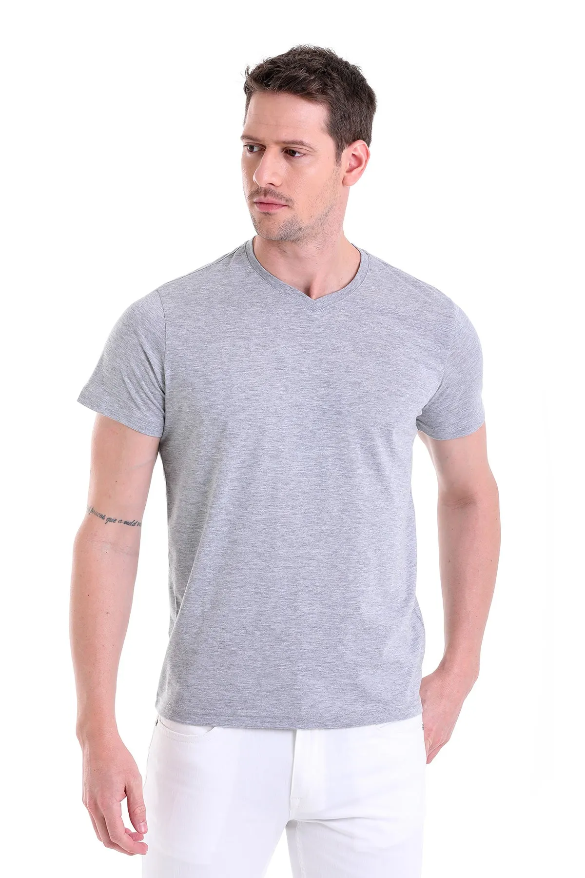 Slim Fit Basic Cotton Gray Melange V-Neck T-Shirt