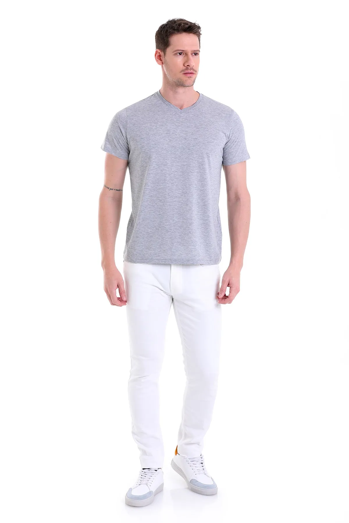 Slim Fit Basic Cotton Gray Melange V-Neck T-Shirt