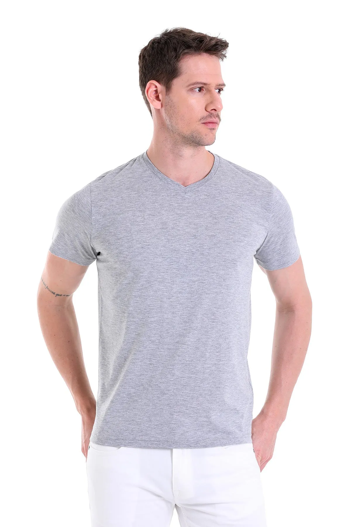 Slim Fit Basic Cotton Gray Melange V-Neck T-Shirt