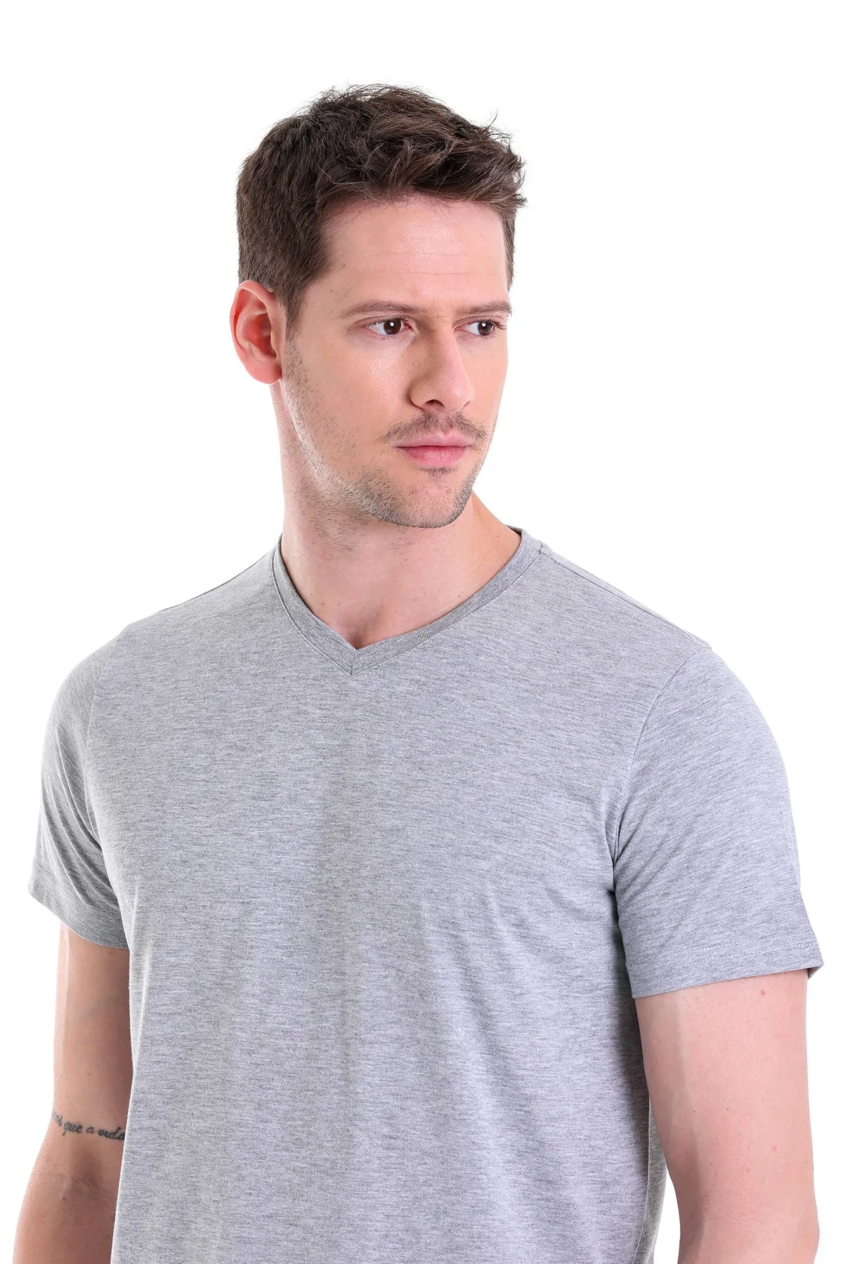 Slim Fit Basic Cotton Gray Melange V-Neck T-Shirt