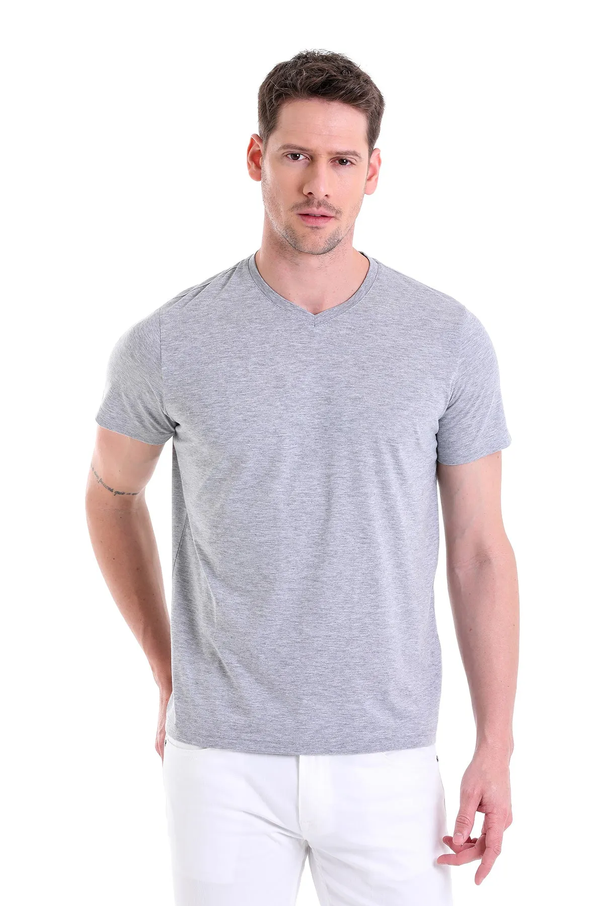 Slim Fit Basic Cotton Gray Melange V-Neck T-Shirt