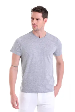 Slim Fit Basic Cotton Gray Melange V-Neck T-Shirt