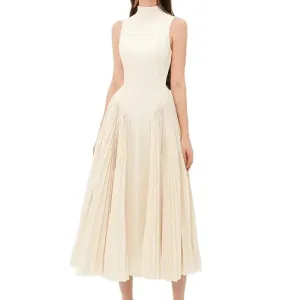 Trend4us Women's Elegant Pleated High Neck Sleeveless Midi Dress