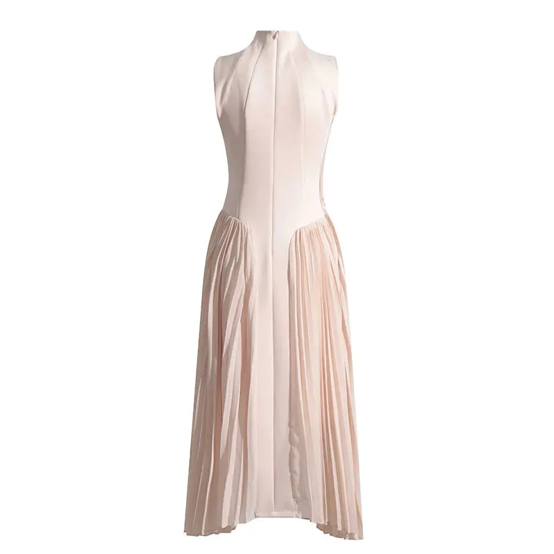 Trend4us Women's Elegant Pleated High Neck Sleeveless Midi Dress