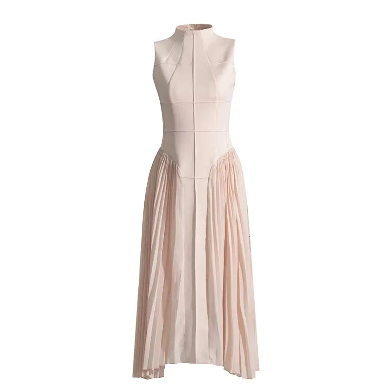Trend4us Women's Elegant Pleated High Neck Sleeveless Midi Dress