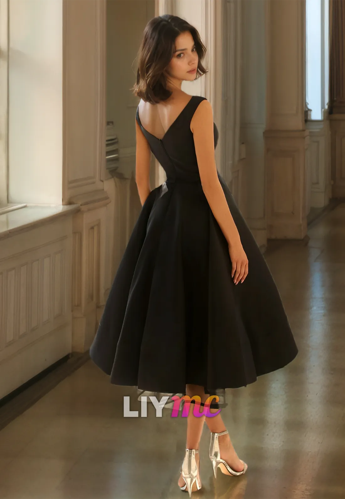 V-Neck Cap Sleeves Pleated Satin A-Line Prom Dress