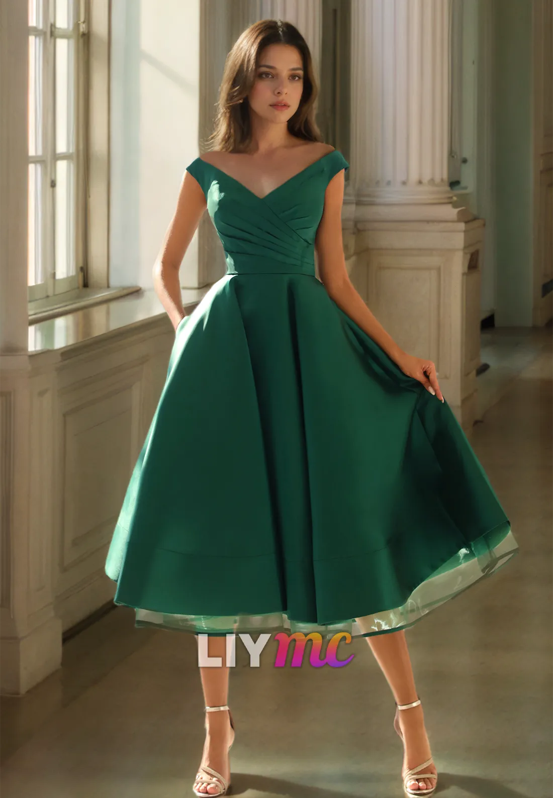 V-Neck Cap Sleeves Pleated Satin A-Line Prom Dress