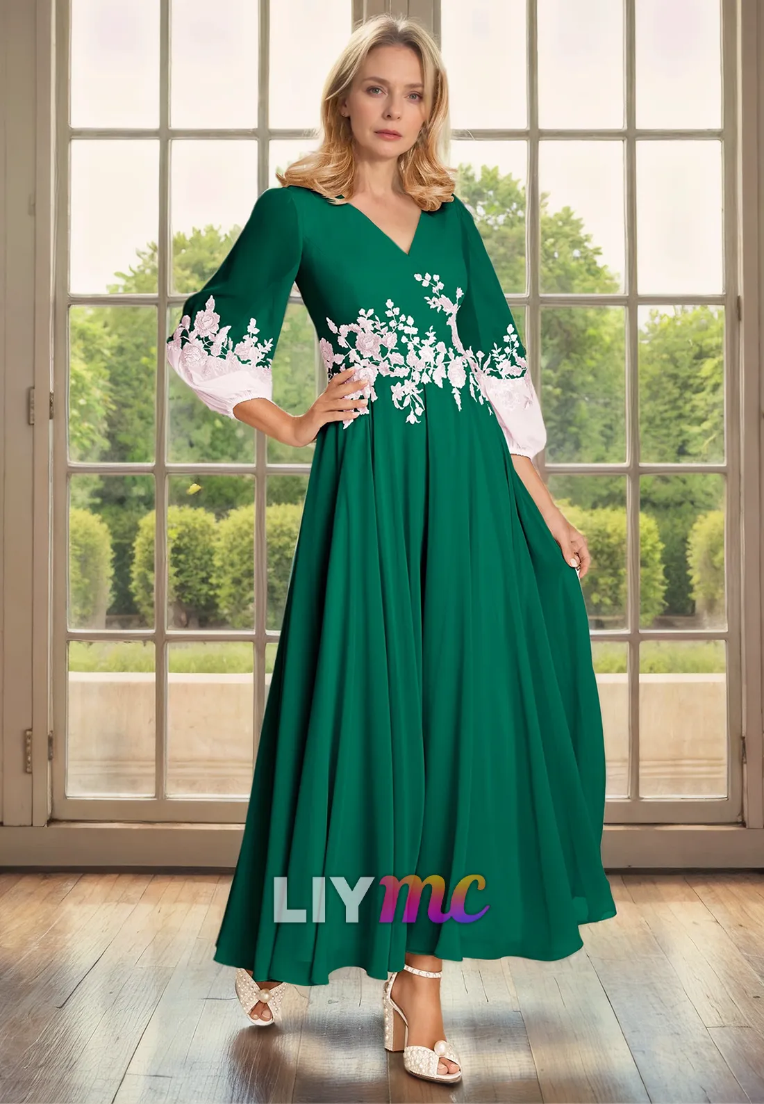 V-Neck Long Sleeves Appliques Pleated A-Line Sleek Satin Mother of Bride Dress