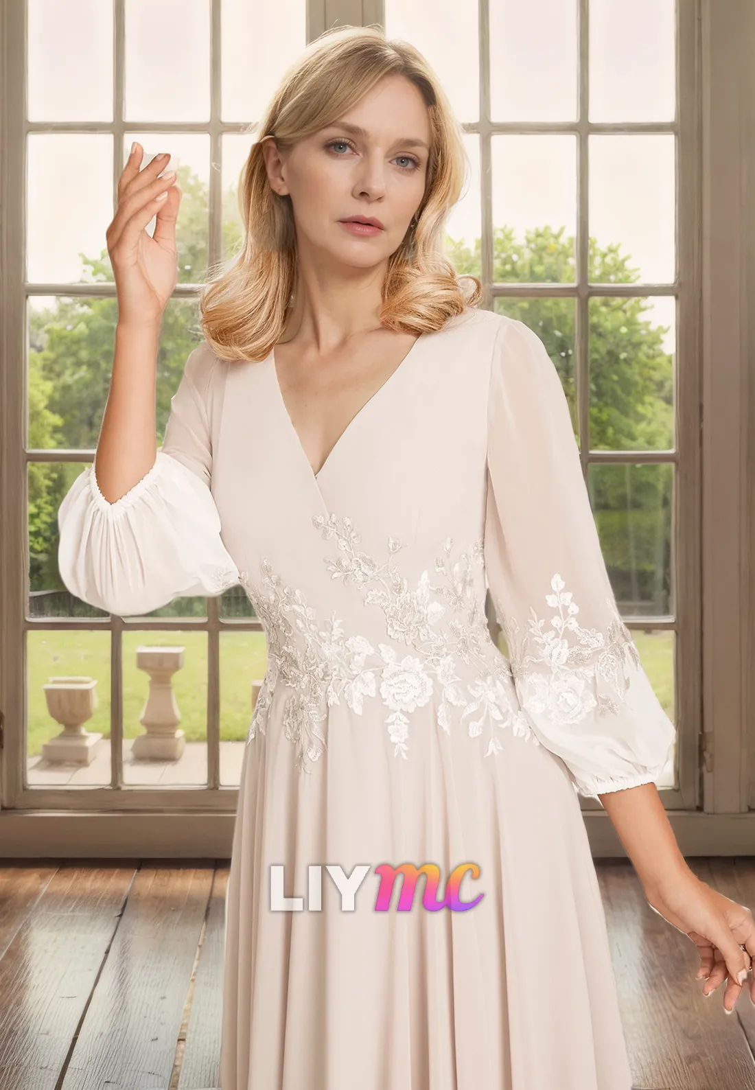 V-Neck Long Sleeves Appliques Pleated A-Line Sleek Satin Mother of Bride Dress