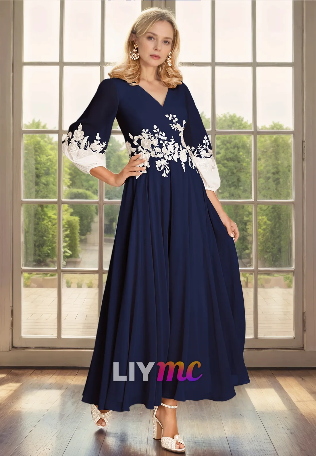 V-Neck Long Sleeves Appliques Pleated A-Line Sleek Satin Mother of Bride Dress