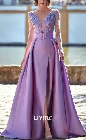 V-Neck Long Sleeves Appliques Satin Pleated Mother of Bride Dress Cocktail Dress