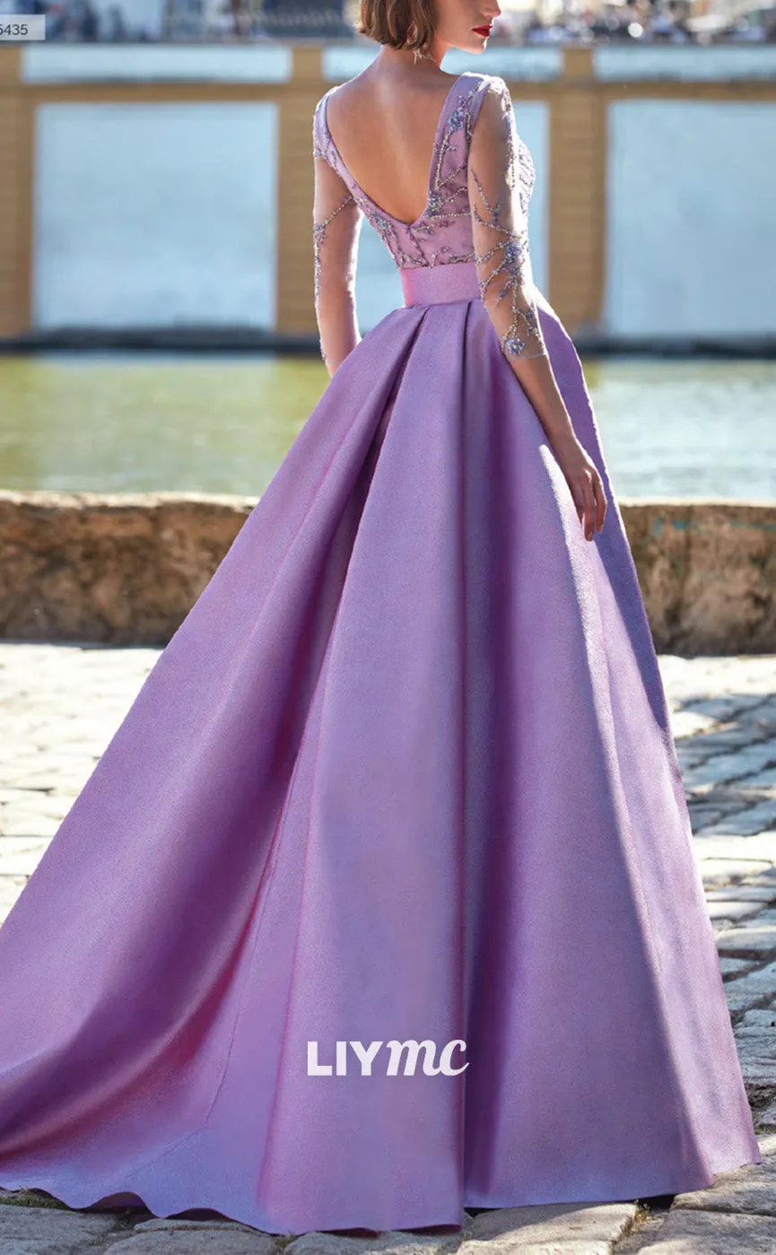 V-Neck Long Sleeves Appliques Satin Pleated Mother of Bride Dress Cocktail Dress