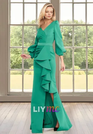 V-Neck Long Sleeves Pleated Ruffled Sheath Mother of Bride Dress