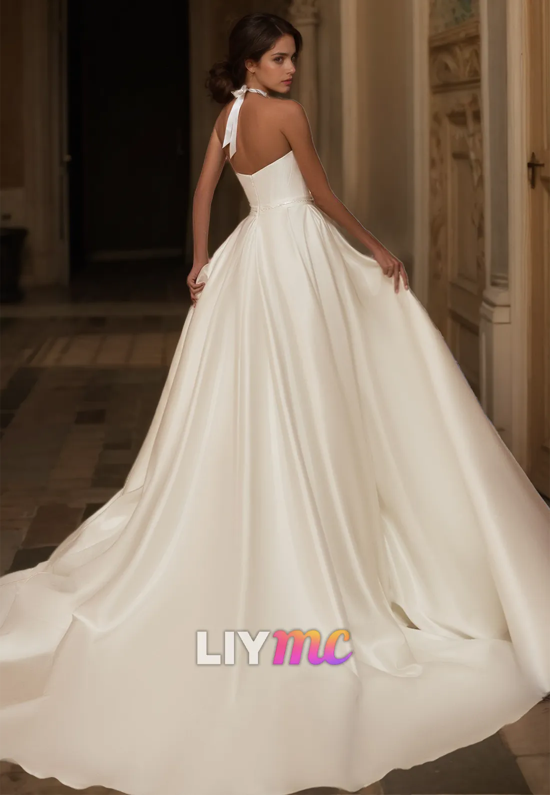 V-Neck Strapless Sleek Bowknot Pleated Satin A-Line Wedding Dress