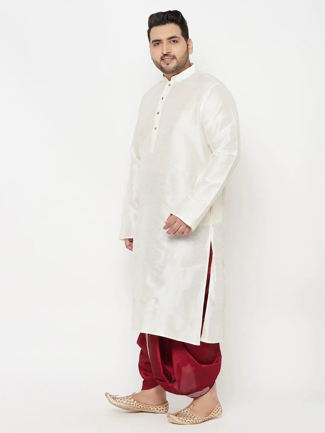 VASTRAMAY Cream Silk Blend Kurta Dhoti Set